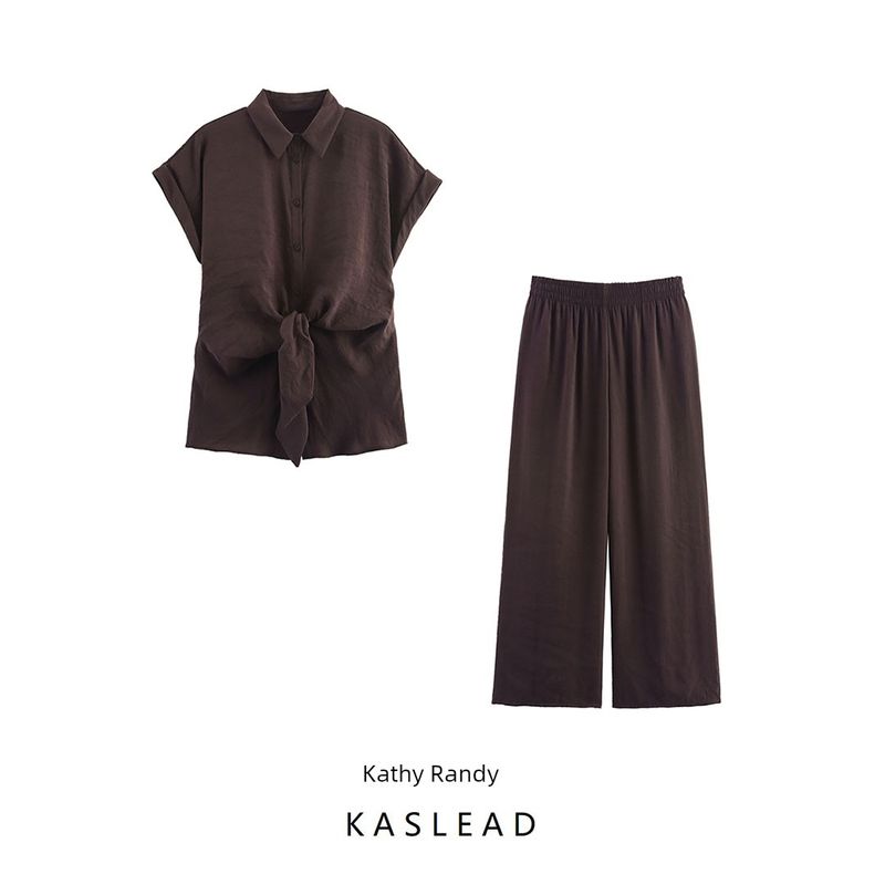 Kaslead New Women Clothes Western Style Front Knot Decoration Short Sleeve Shirts Trousers 2298161 1165608