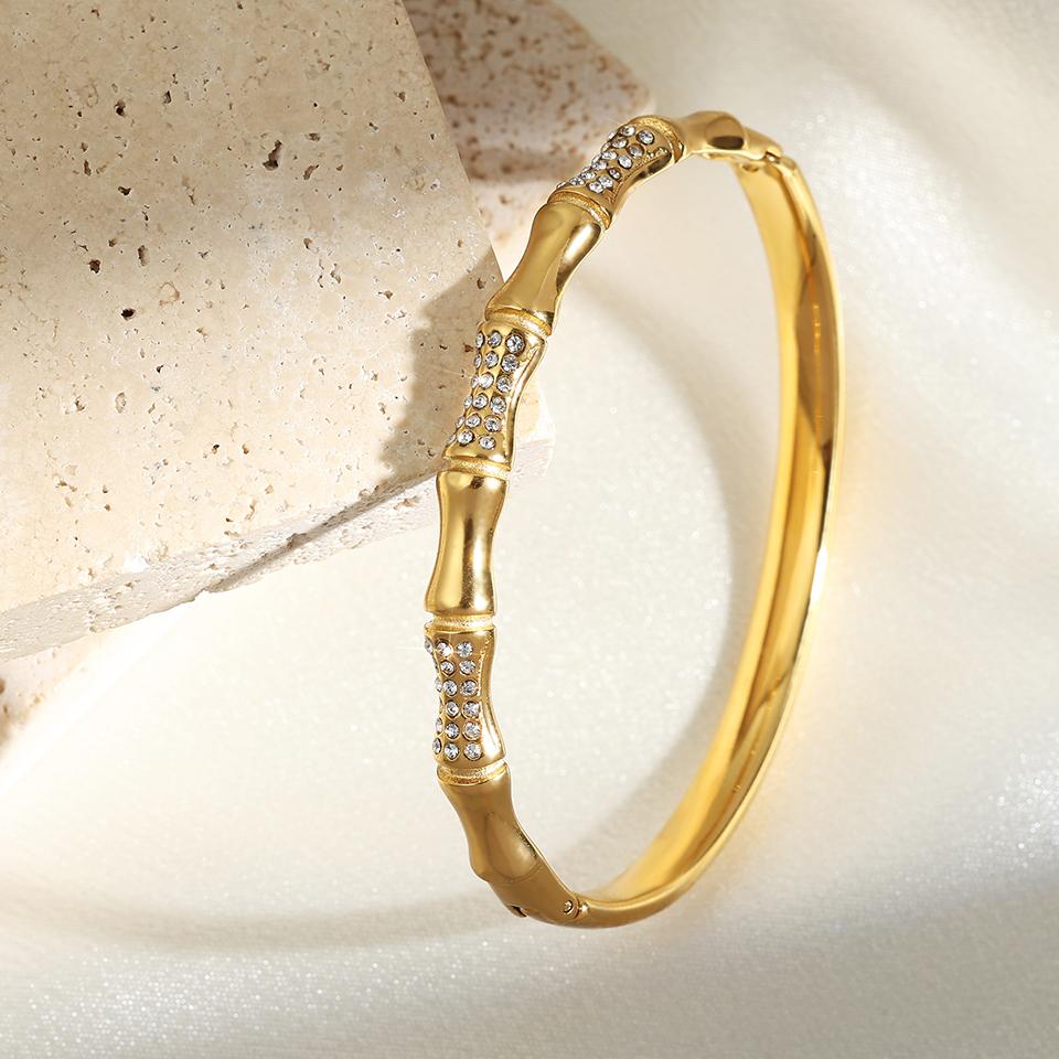 Htpwe Stainless Steel Bone Diamond Bamboo Bracelet Women 18k Gold Couple Holiday Gift Non-fading Bracelet Party Daily Zircon