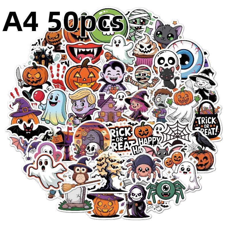 50/100Pcs Kawaii Halloween Ghost Skull Pumpkin Stickers Notebook Guitar Skateboard Waterproof Cute Decorative Sticker Toy
