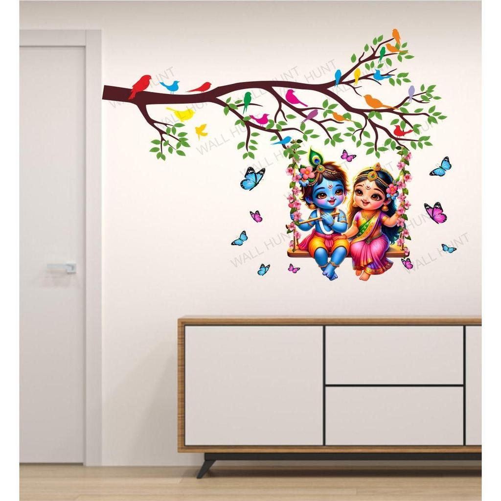 WallHunt PVC Vinyl Tree and Flowers Branch Leaves Radha Krishna Self-Adhesive Wall Sticker for Home Decor/Decoration