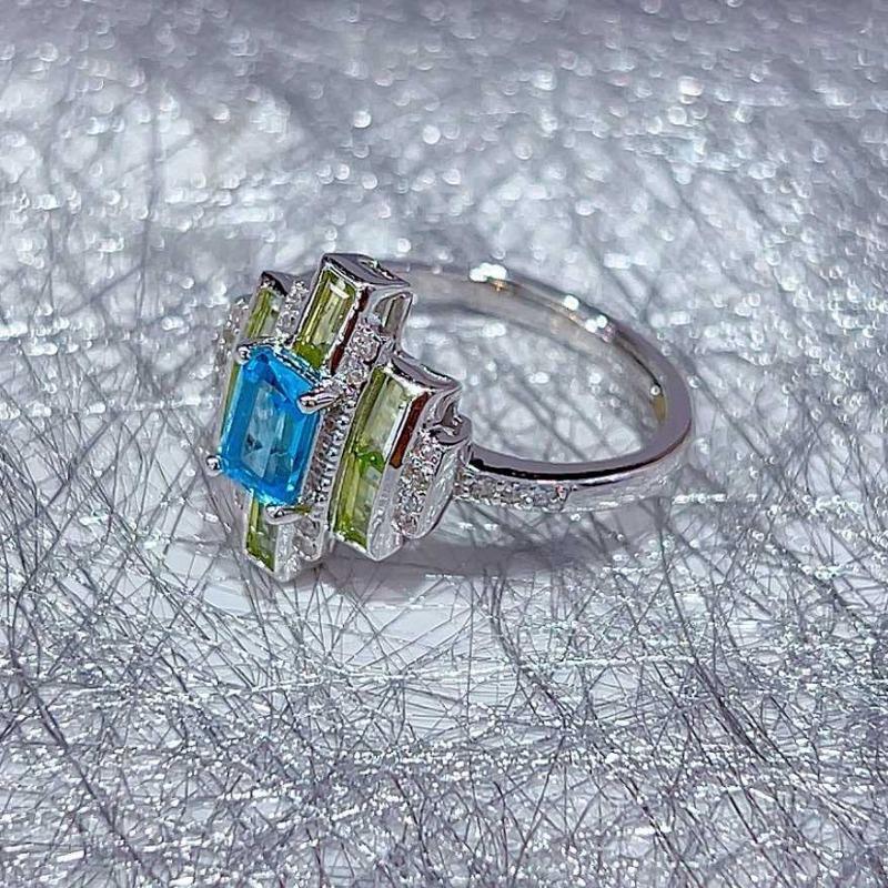 SACEGEMS 925 Sterling Silver 4*6mm Natural Swiss Blue Topaz Luxury Rings for Women Created Wedding Engagement Party Fine Jewelry