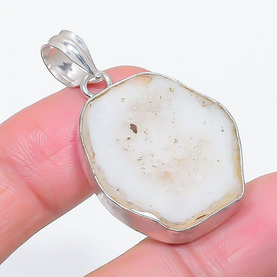 Natural Agate Geode Slice 925 Sterling Silver Jewelry Pendant 1.69" Q4B11