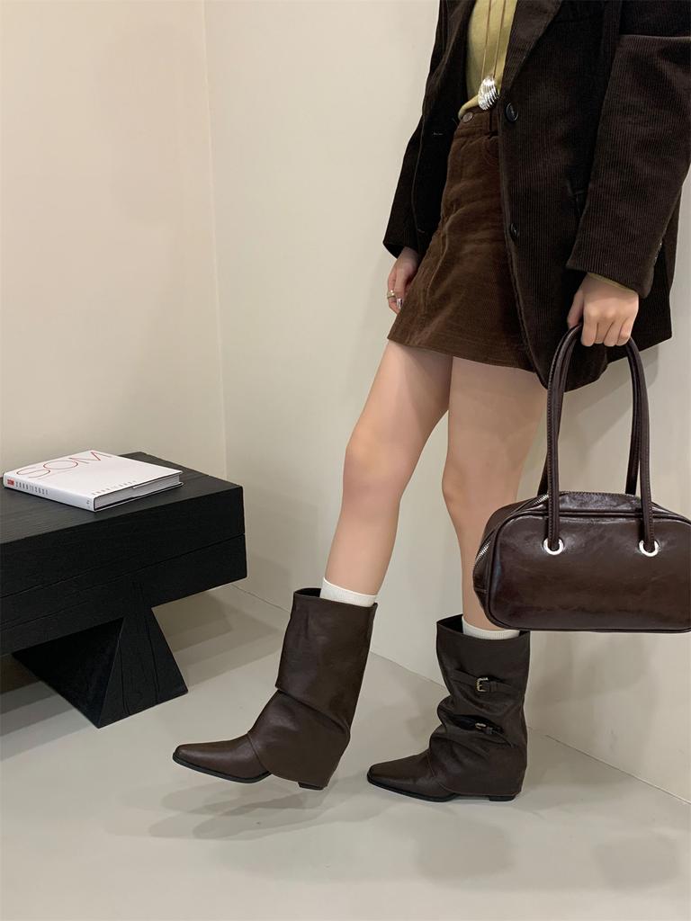 Pleated belt buckle stack boots women's trouser boots 2025 autumn and winter new thick heel medium tube knight boots Martin boots