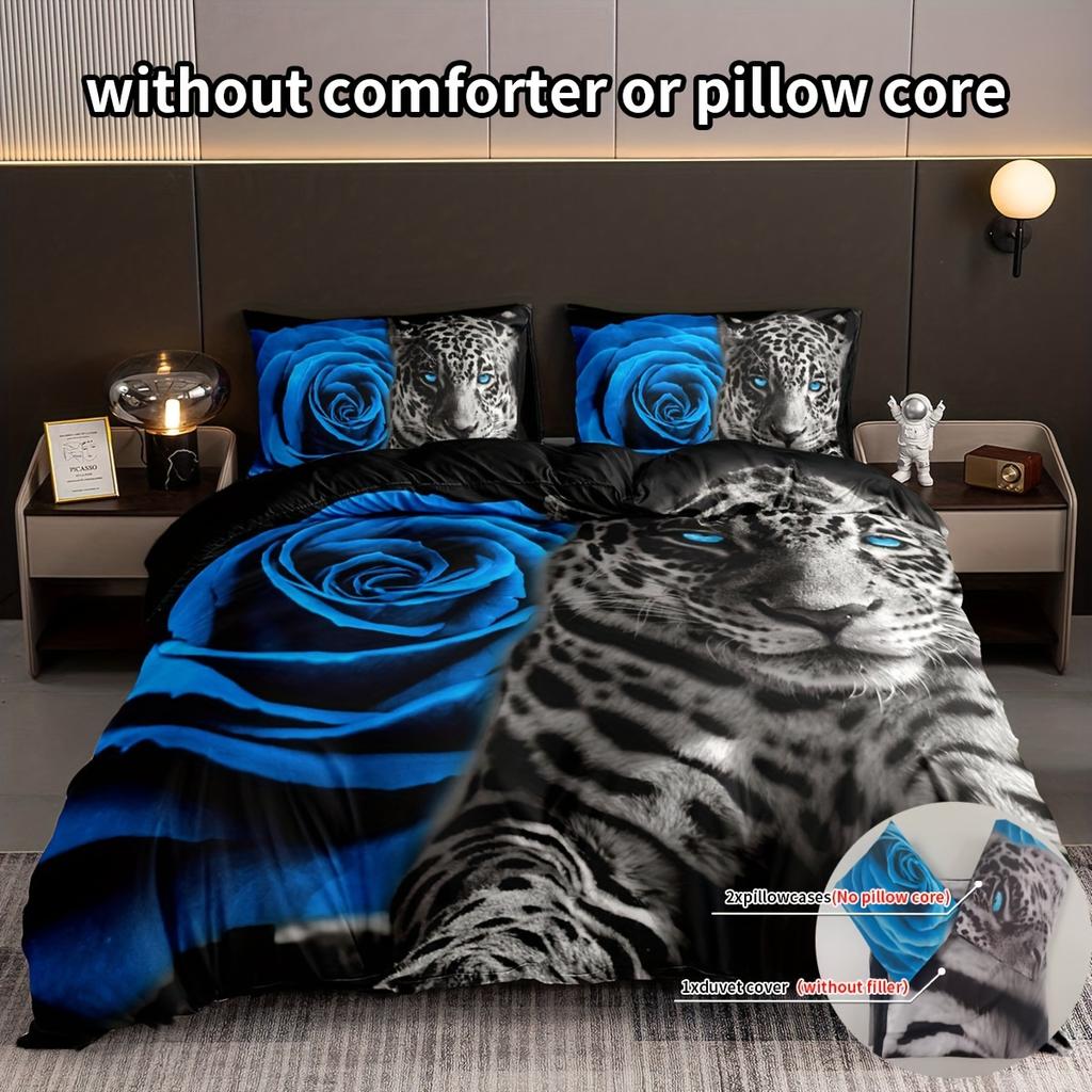 3-Piece Luxurious Leopard Romantic Rose Print Duvet Cover Set - Soft, Comfortable, and Hypoallergenic Bedding for Bedroom, Guest