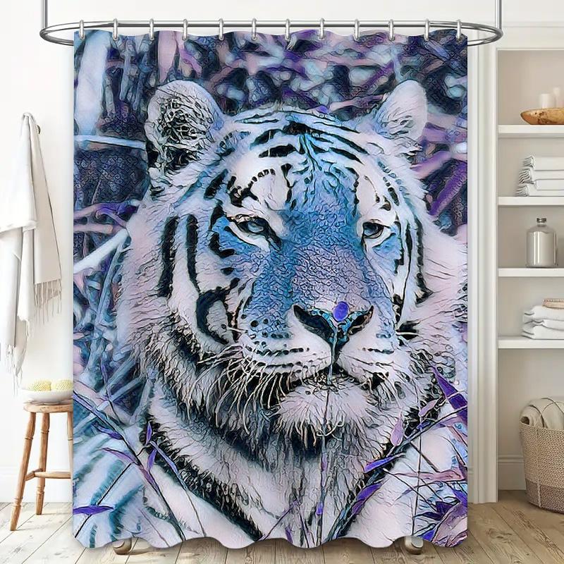White Tiger Print Shower Curtain Waterproof Bathroom Decor Home Decoration for Kids Room Blue Purple White Grey Colorful Artisti