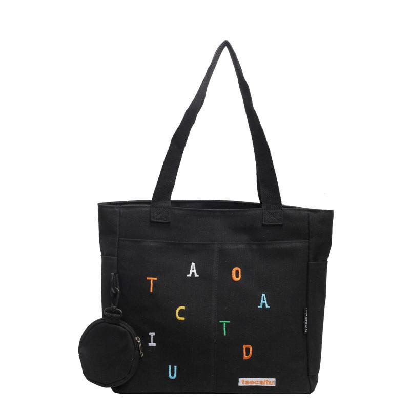Large Capacity Canvas Tote Bag For Women Stylish Embroidered Letter Design For School