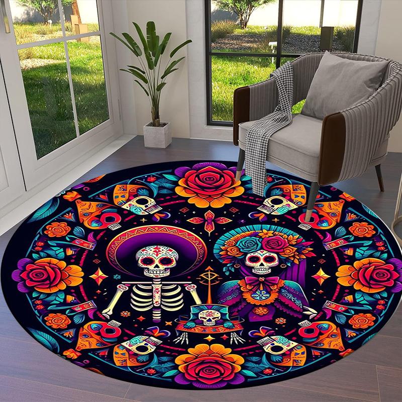 1pc Day of the Dead Celebration Round Carpet, Made of Polyester,Perfect for Decorating Office Chairs, Living Rooms,Vibrant Decorative Rug