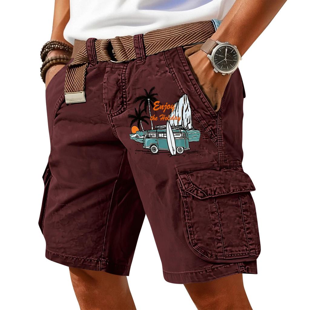 Men's Summer Printed Casual Multi Pocket Cargo Shorts Without Belt Loose Fit Cotton Fabric Classic Style