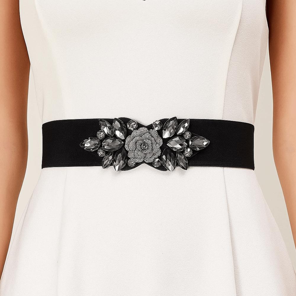 Rose Flower Women Waistband Wide Rhinestone Waist Belt Casual Elastic Cummerbunds Jacket