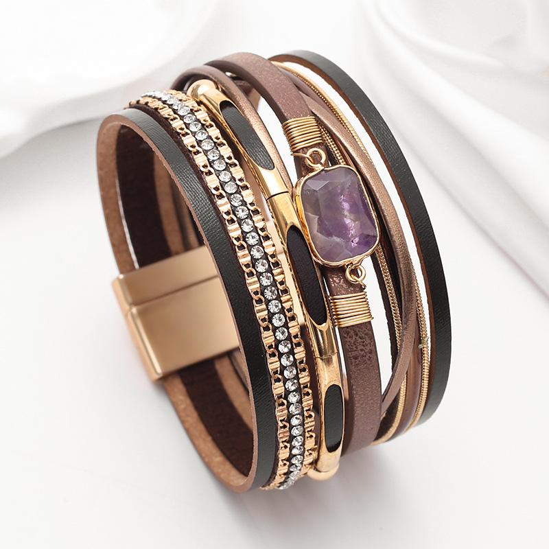 Crystal Magnet Buckle Leather Bracelet Woven Multi-layer Bangle Jewelry Accessory