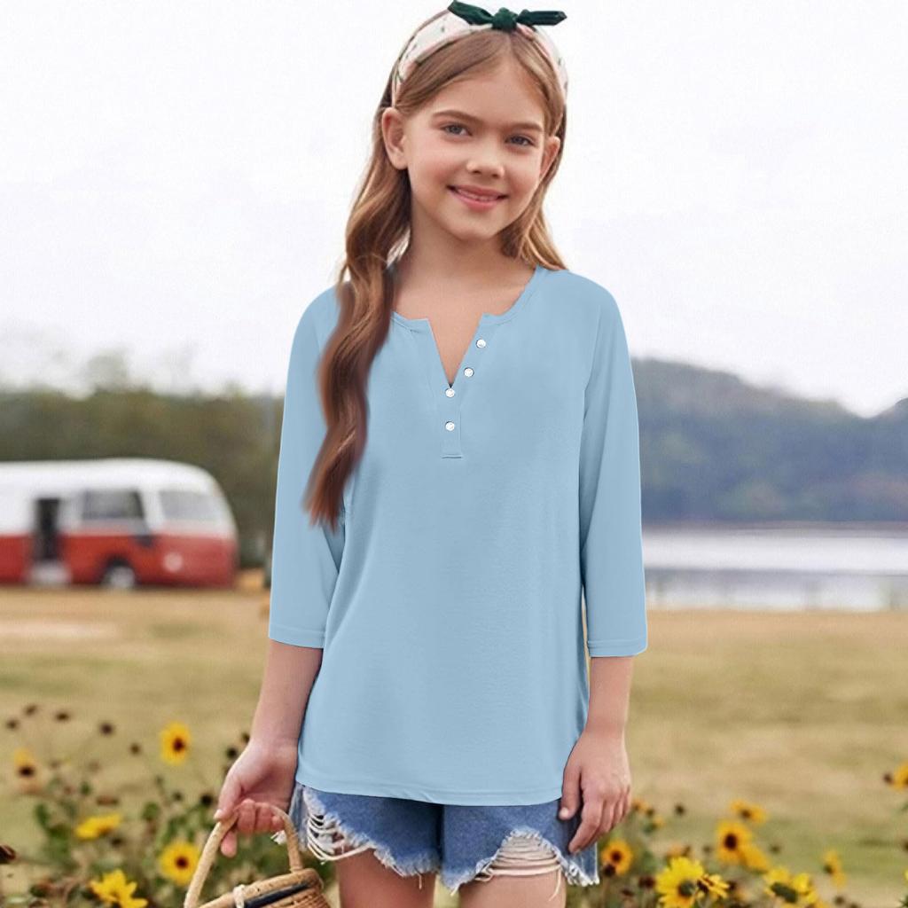 Print Tops For Youth Girls Round Neck 3/4 Sleeves T-Shirts Trendy Tops Outfit Tees