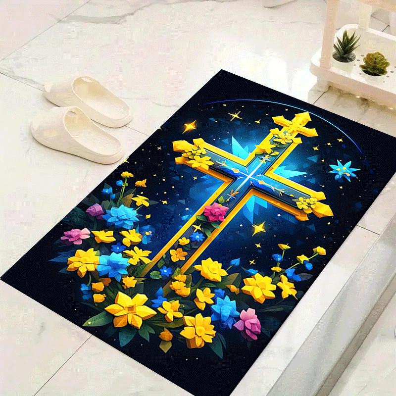 

1pc Cross covered with flowers Print, Design Indoor Area Rug - Soft, Anti-Slip, and Durable Gaming Room Decor for Bedroom 60cm by 90cm