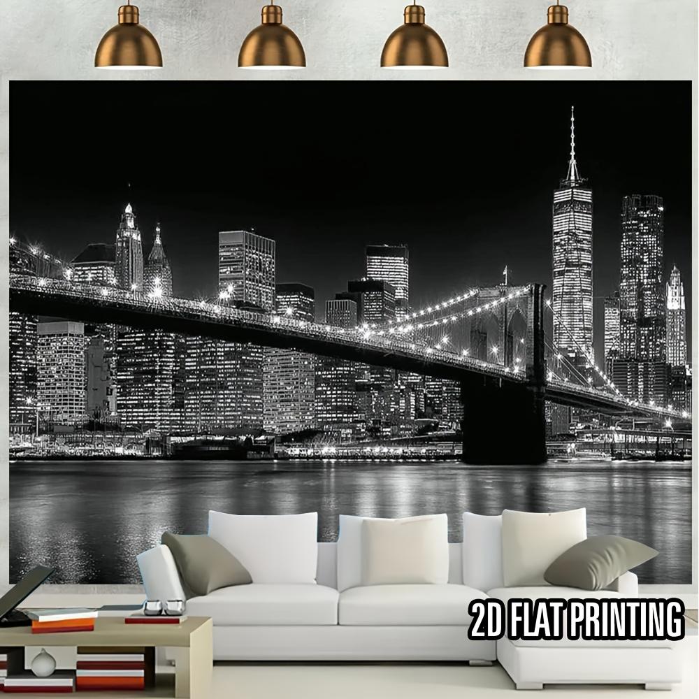 2D plan, 1 New York City skyline and Brooklyn Bridge wall sticker - Black and white New York night scene background
