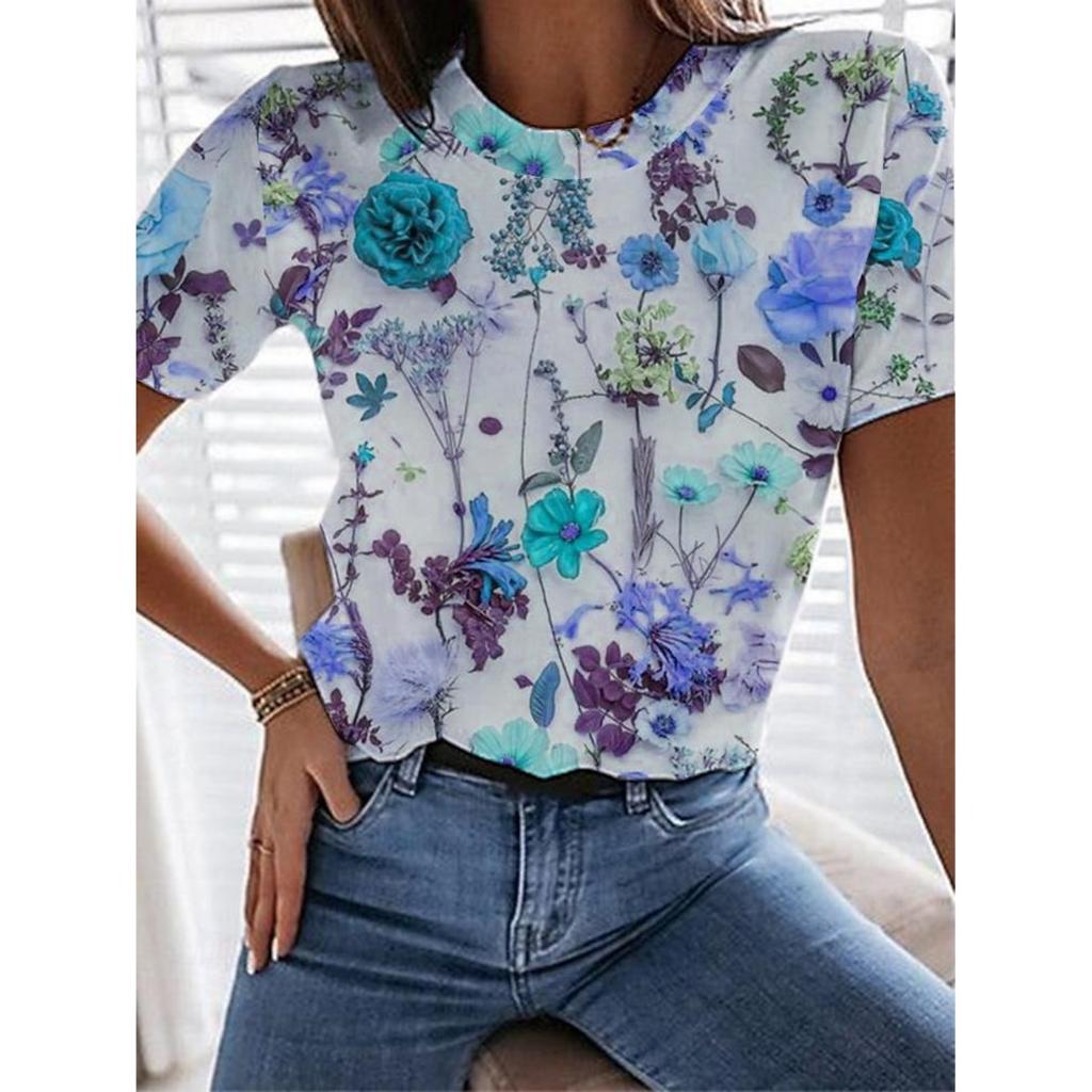 Summer Women's T Shirt Tee 3d Print Flower Casual Daily Short Sleeve Tops Fashion Round Neck T Shirts for Women Floral Graphics