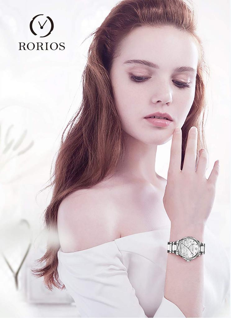 RORIOS Cute and Stylish Mechanical Automatic Watch with Dragonfly Luminous Hollow Ceramic Silver Business Watch Women's Watch, Decoration, Band,