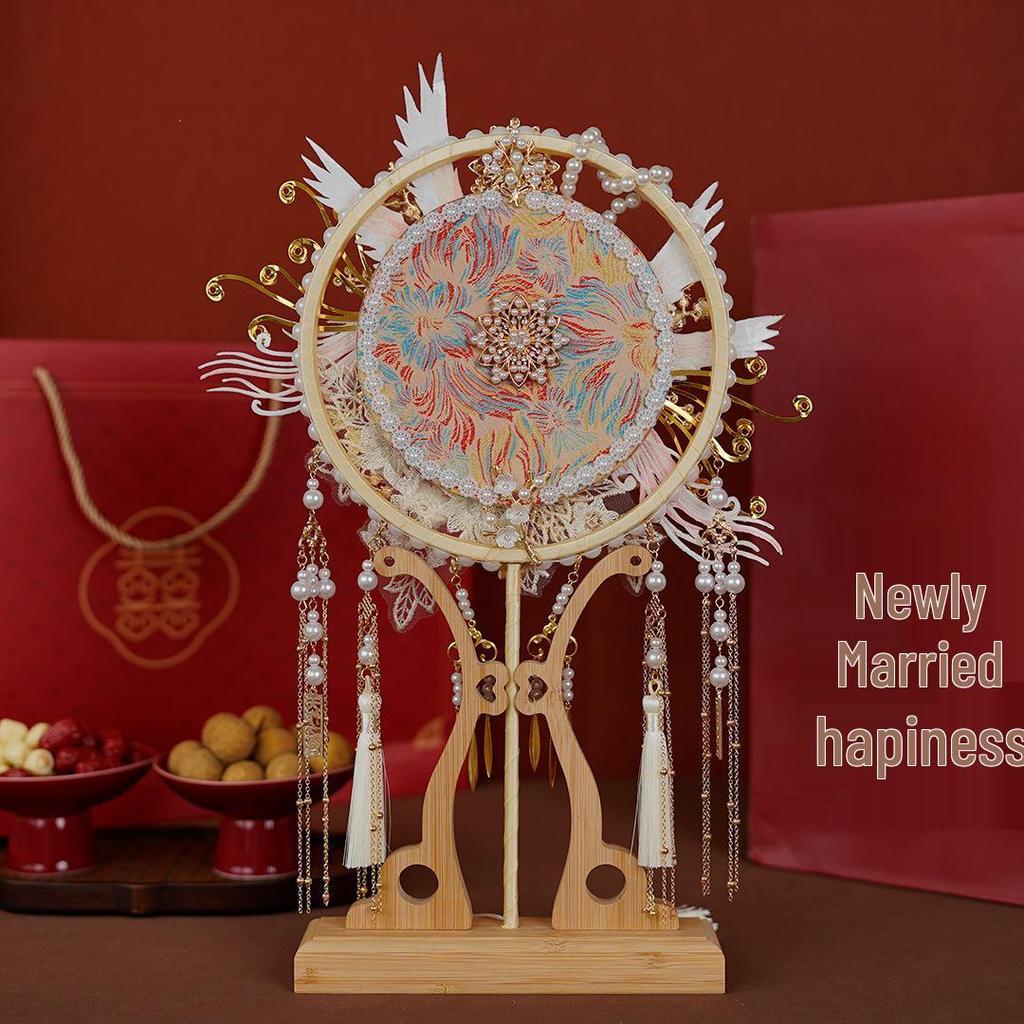 Phoenix Embroidery Bridal Fan DIY Kit: Double-Sided Chinese Style with Fireworks Pattern