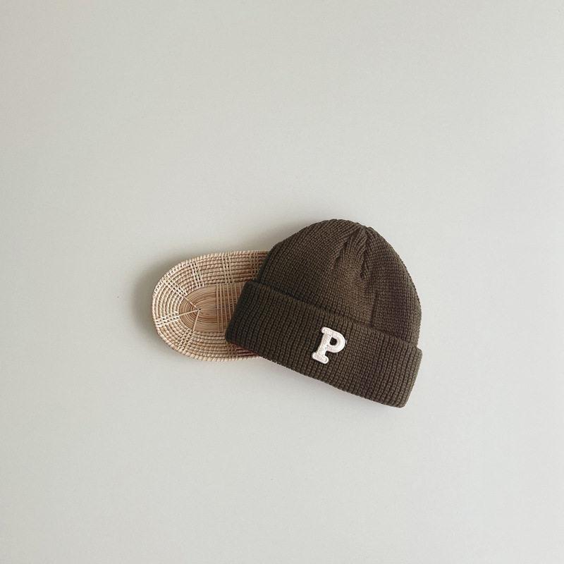 Korean Simple Letter P Logo Baby Knitted Wool Pullover Hat - Autumn & Winter Warm Melon Skin Baby Hat