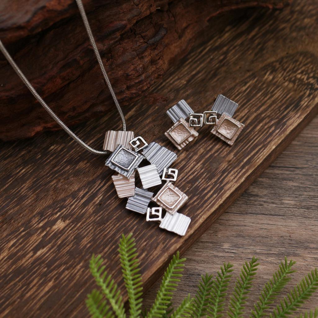 New enamel color square geometric stud earrings pendant set, women's simple and versatile geometric square necklace