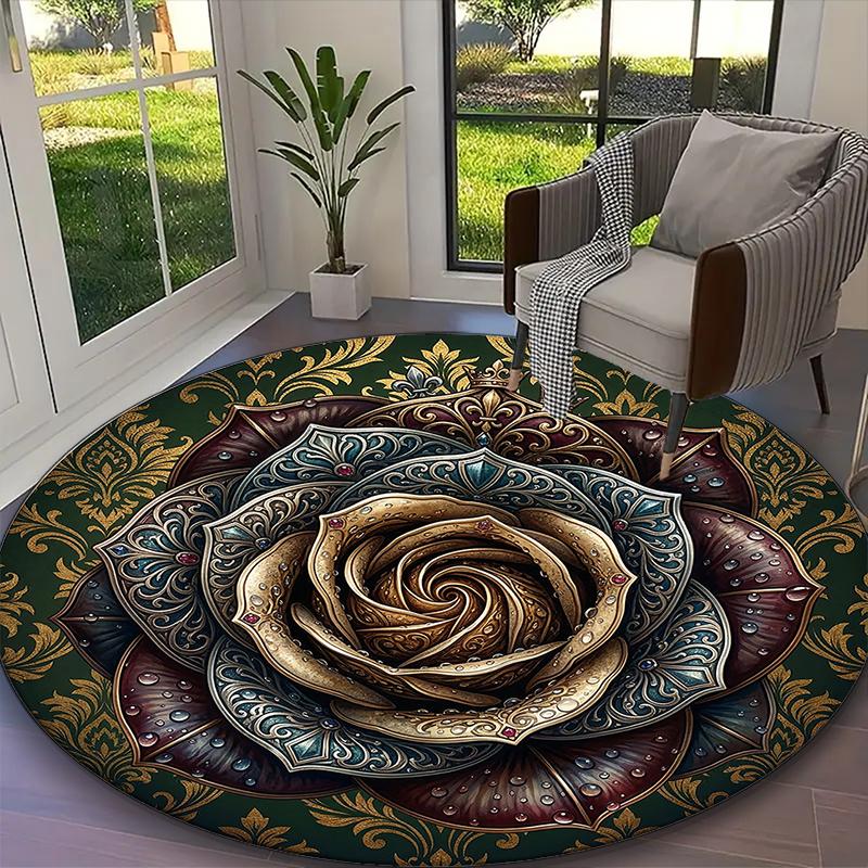 

[Creative Red Rose Printed Carpet] Non-slip Office Rug, Cozy Round Carprt for Living Room Use, Soft Home Sofa Chair Mat Diameter 60cm