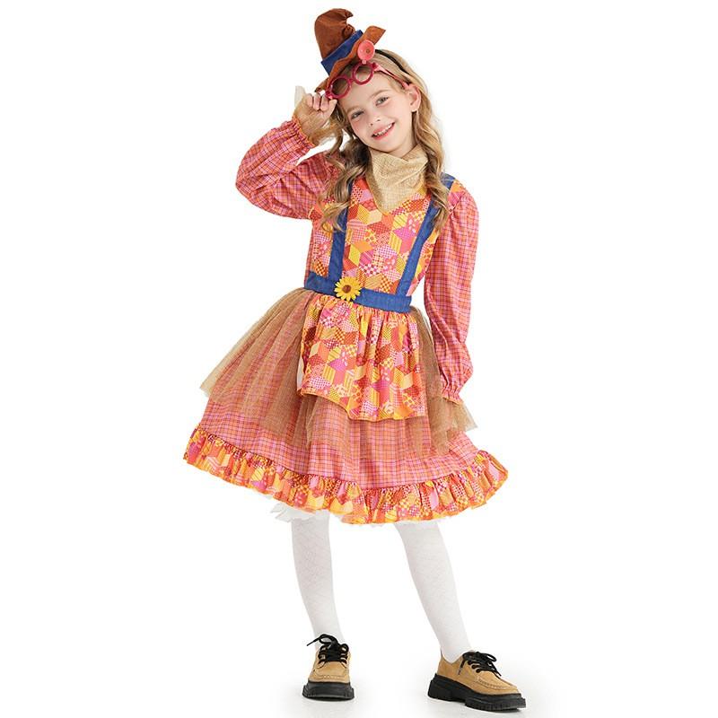 Sweet Vintage Plaid Scarecrow Dress Girls With Sunflower Applique Cosplay Costume School Performance