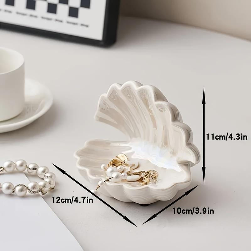 Semi-Circular Ceramic Shell Art Deco Style Jewelry Tray, Multipurpose Key and Jewelry Holder for Entryway/Vanity, Home Room Decor