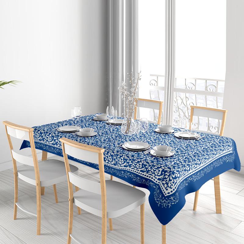 Moderner nordischer Stil Blaues und Weißes Keramikmuster Tischdecke für Esszimmerdekor - Waschbarer Polyesterstoff - Größe Anpassbar