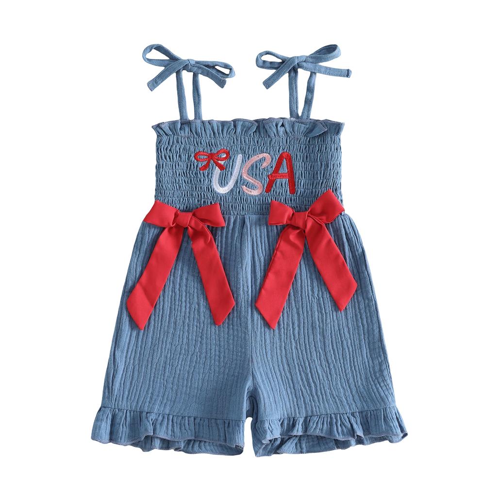 Toddler Girl Red White Blue Stars and Stripes Sleeveless Romper with Bow Tie Shoulder and Ruffled Shorts Patriotic Jumpsuit for