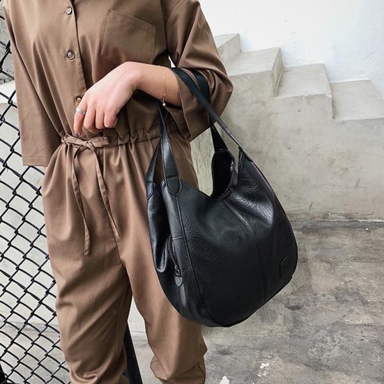 Vintage Solid Color Faux Leather Handbag Women Large Capacity Tote Shoulder Bag