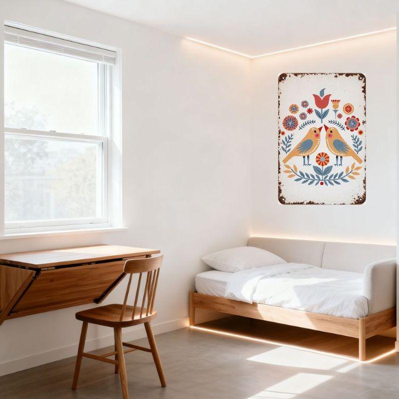 Vintage Rustic Metal Tin Sign Folk Art Birds Flowers Design White Background with Rusty Edges for Home Bar Cafe Wall Decor