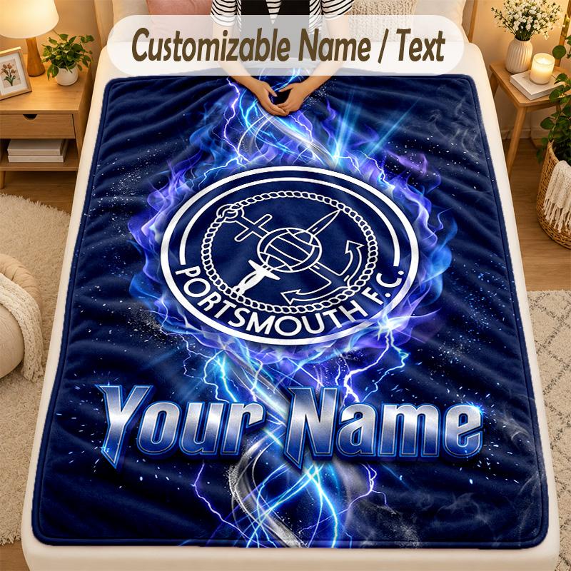 Flannel BlanketPortsmouth FC Custom Name Text Personalized Soft Warm Throw Blanket Home Decor Gift