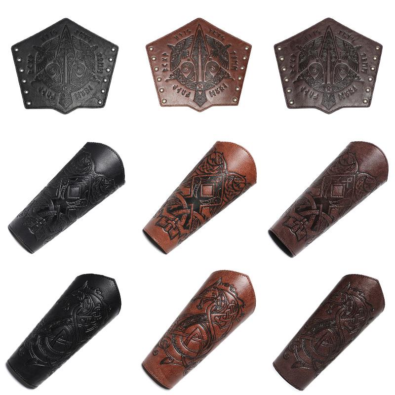 1PC Medieval PU Leather Wrist Guards Viking Warrior Embossed Leather Gauntlets Knight Arm Gloves Retro Gothic Wristbands