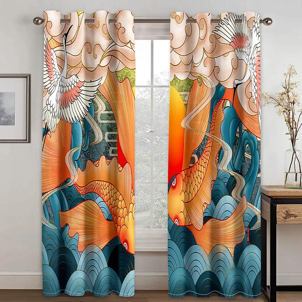 Red Blue Japanese Style Crane Wave Mountain Sun Print High Shading Curtain Bedroom Living Room Hotel Window Curtain 2Panels New