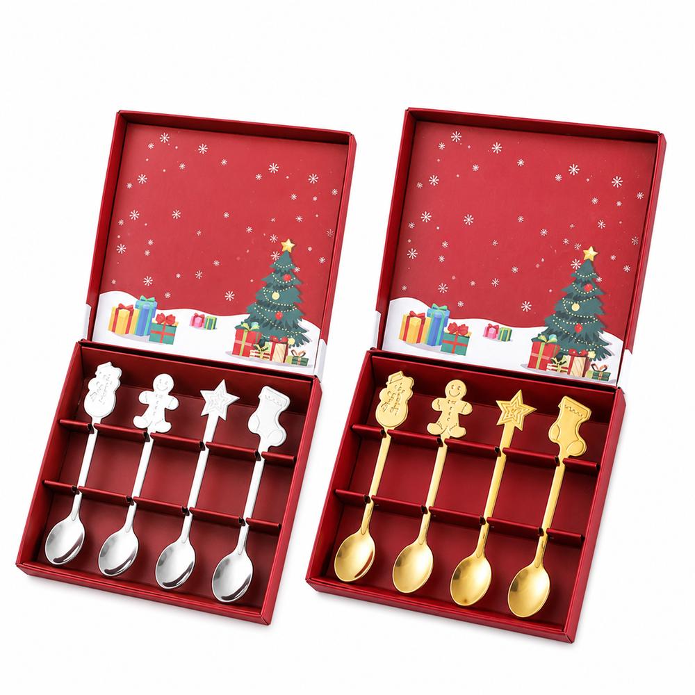 4PCS Set Festive Dessert Spoons Stainless Steel Cake Spoons New Coffee Spoons Christmas Gift