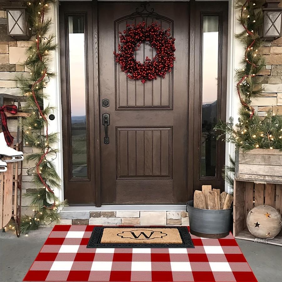 Weihnachts Karierter Outdoor Teppich, Waschbar und Rutschfest, Veranda Teppich Fußmatte, Festliche Heimdekoration