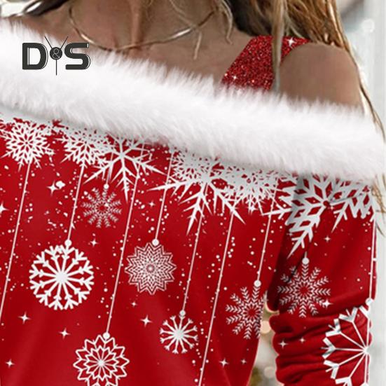 Women Christmas Top Hollow Out One Shoulder Shiny Sequin Long Sleeve Snowflake Print Thick Warm Pullover Color Matching Lady New Year Party Top