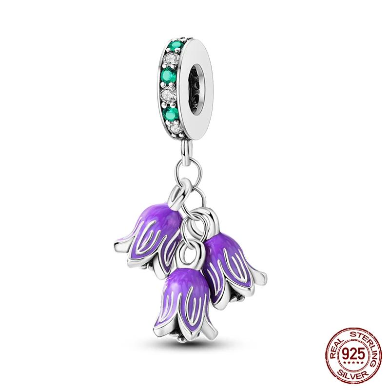 925 Sterling Silber Lila Perlen Blume Schmetterling Hänge Charm Passend 4MM Lochdurchmesser Armband Halskette 925 Schmuck Geschenkherstellung