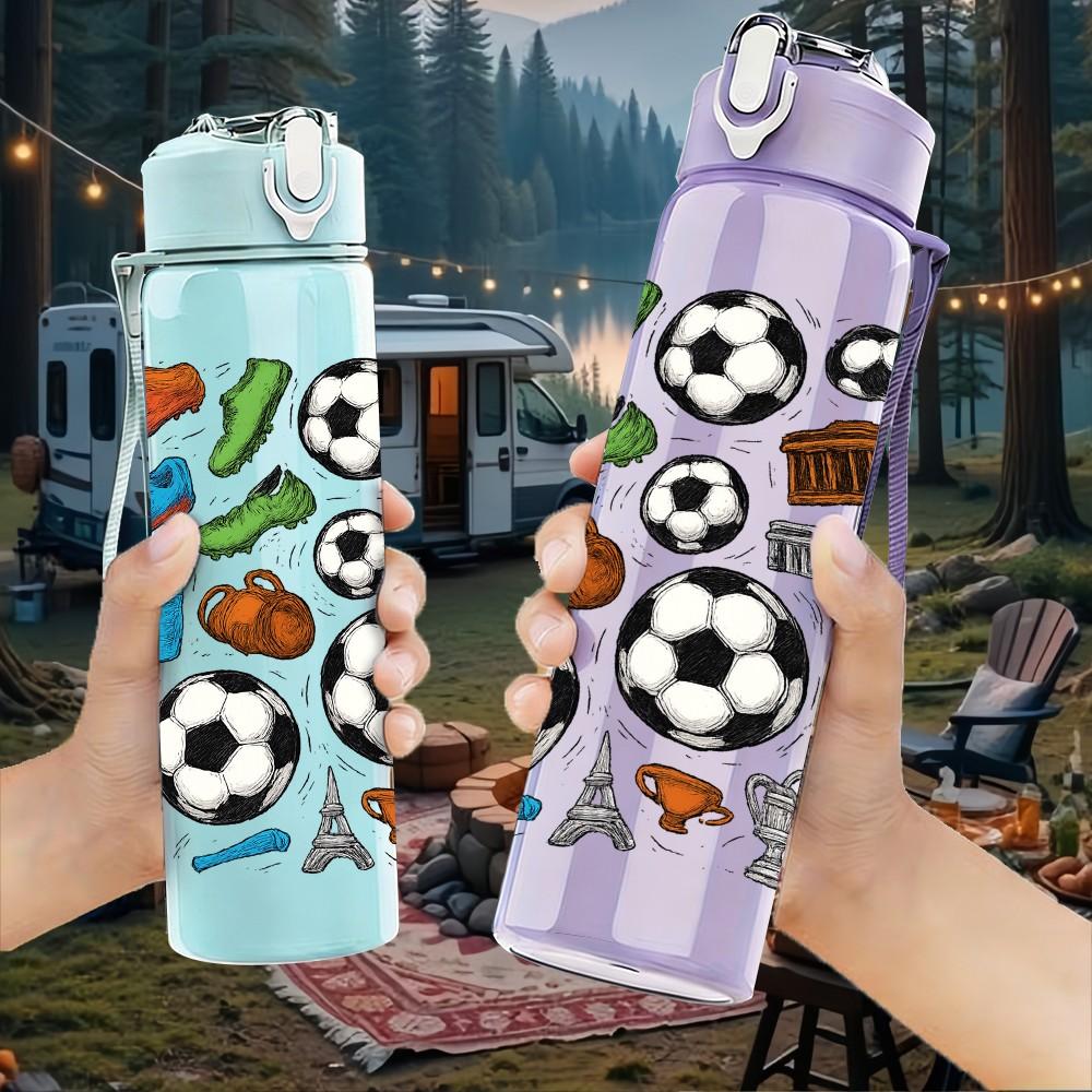 1PC Mixed Soccer Ball Seamless Print 750ml Color Plastic Sports Water Bottle Leakproof Flip Straw Lid Suitable for Sports Office Home Use
