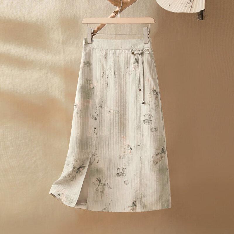 IHIMI New Chinese Style A-Line Printed High-Waist Midi Skirt