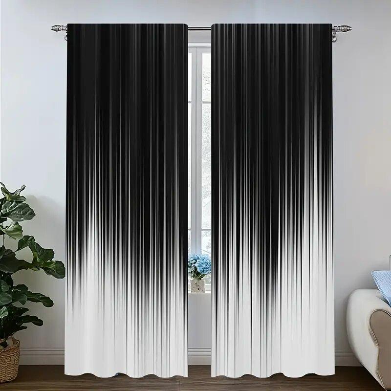 Gradient Stripes Black White Print Curtains Pole Bag Home Decoration Room Set Of 2 Made Polyester