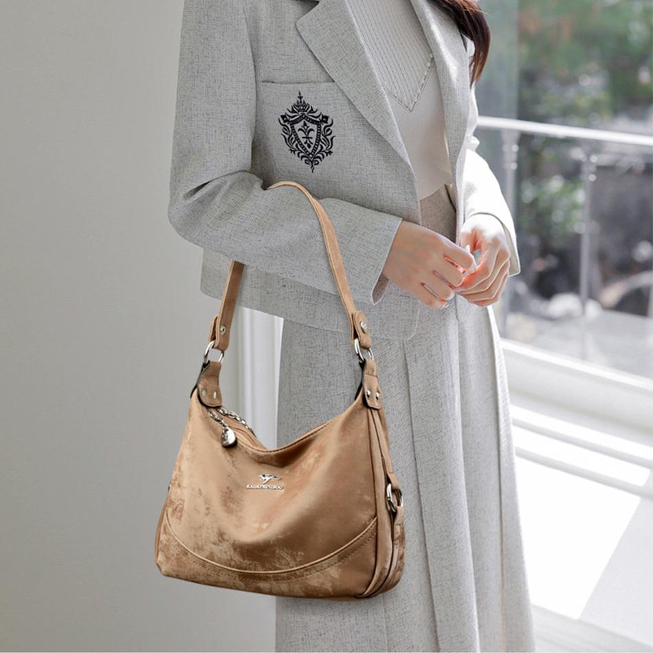2-Layer Large Capacity Women'S Shoulder Bag New High Quality Soft Leather Female Crossbody Bags Simple Solid Color Girl Handbag Quality