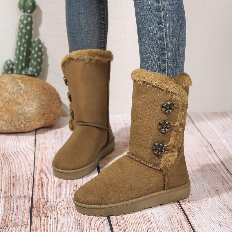 Button Snow Boots Women Winter Korean Style Round Head Plus Size Cotton Shoes Warm Flat Shoes