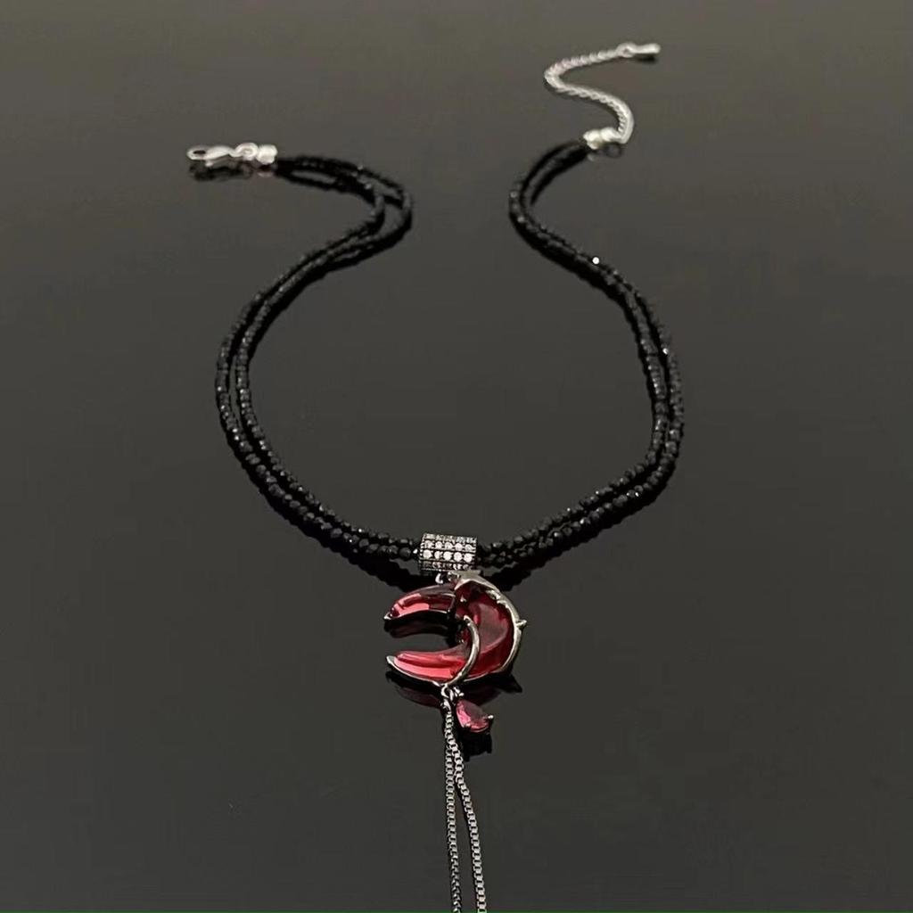 Dark Hot Girl Asymmetrical Red Crescent Tassel Earrings - New Chinese Style Niche Design