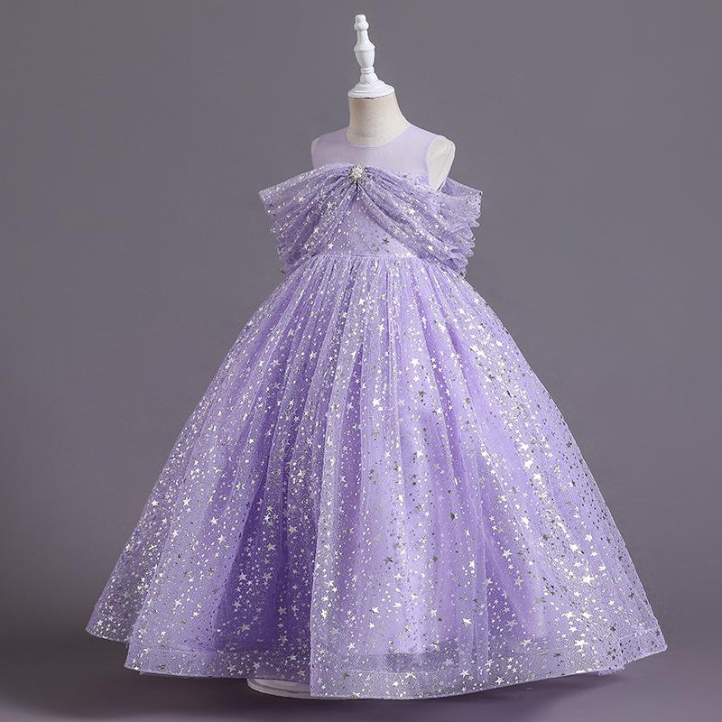 Abito Festa Bambina Con Fiori E Paillettes | Viola | Tutù In Tulle | Per Matrimonio E Compleanno 8-9 Anni