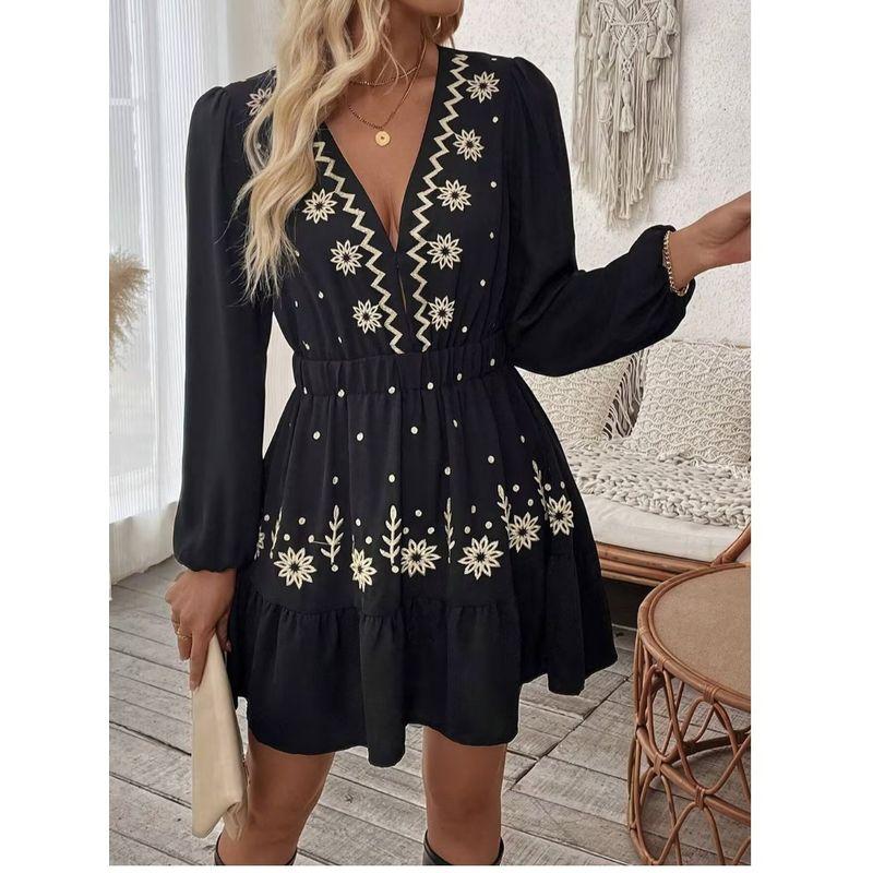 Small Western Style Spring/Summer New Fashion Deep V-neck Embroidery Black Waist Hugging Long sleeve dress Skirt DRESS