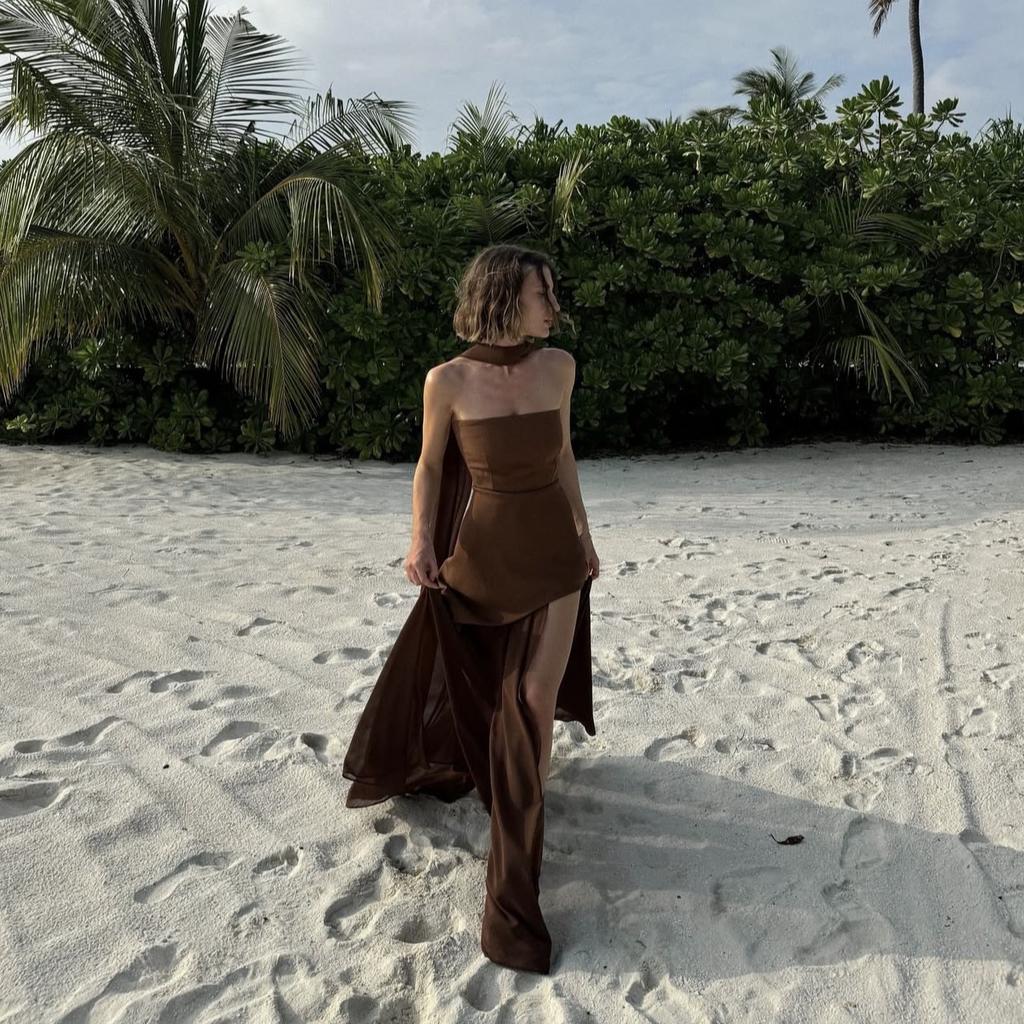 LYRIA Fashion Strapless Dress With Ribbon Female Elegant Solid Sleeveless Mesh Beach Vacation Long Dress Spring New Women Dress