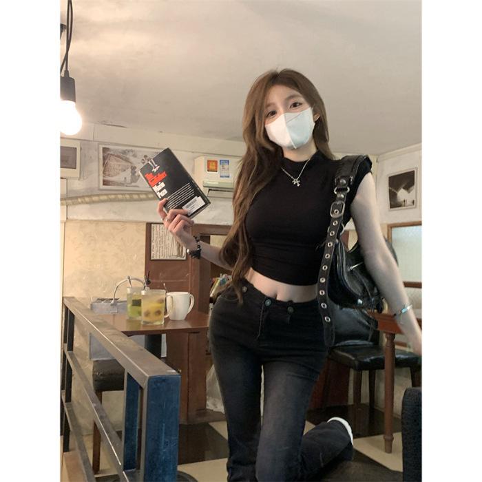 

(Modal cotton) semi-high neck tight T-shirt, new waist strap, slim short top one size (recommended 40-60kg ) чорний