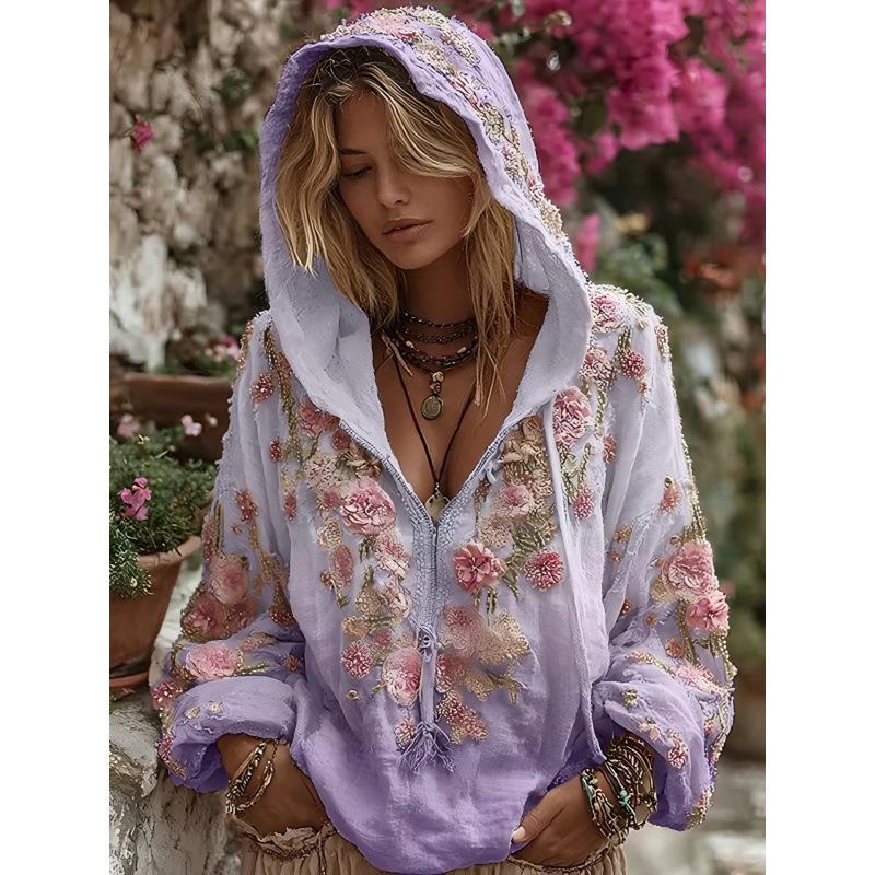 2025 Hooded Zip-up Sweatshirt with Trendy Japanese Cherry Blossom Art Print