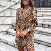 Women  Slim  Long Sleeve Leopard Printing V-Neck Bandage Irregular Dress
