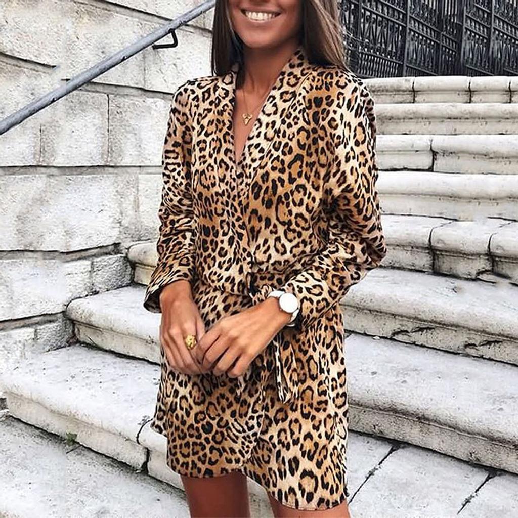Women Slim Long Sleeve Leopard Printing V-Neck Bandage Irregular Dress