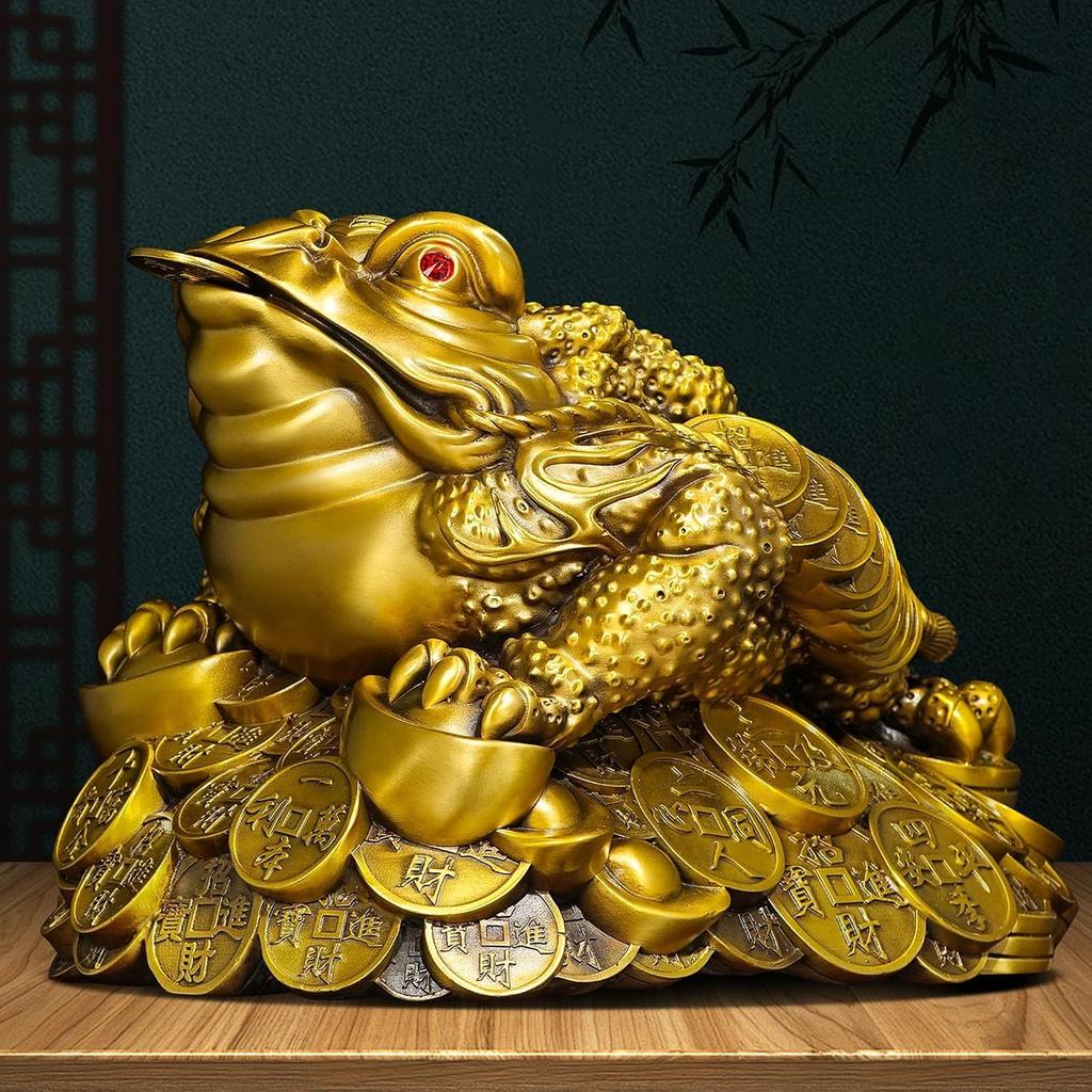 Yuanbao Goldene Kröte Messingstatue Dreibeinige Geldkröte mit Münze und Barren Traditionelle Chinesische Feng Shui Reichtumsskulptur für Zuhause Büro Geschäft